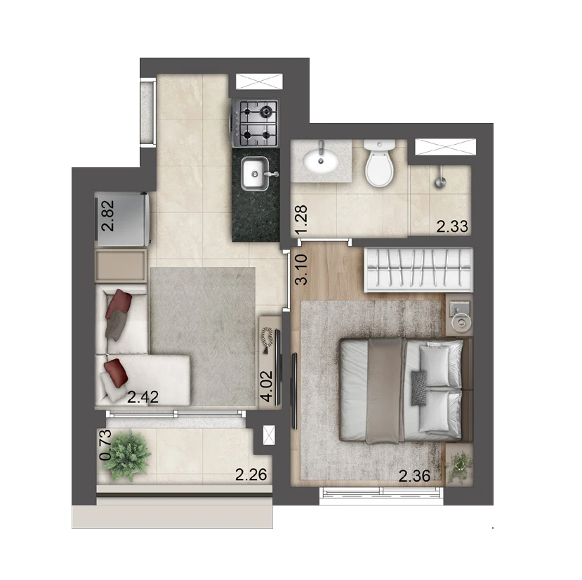 Planta Torre E · Final 07 — 26,33 m², 1 dormitório
