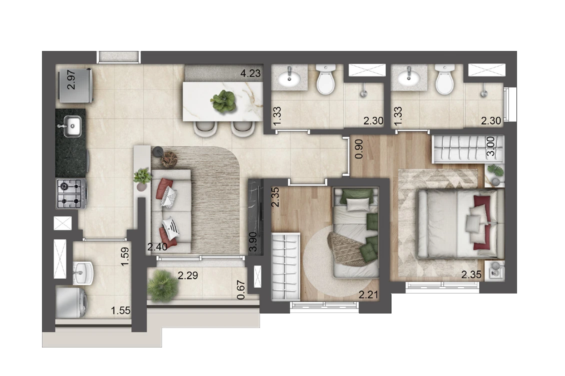 Planta Torre E · Final 01 — 48,74 m², 2 dormitórios (1 suíte)